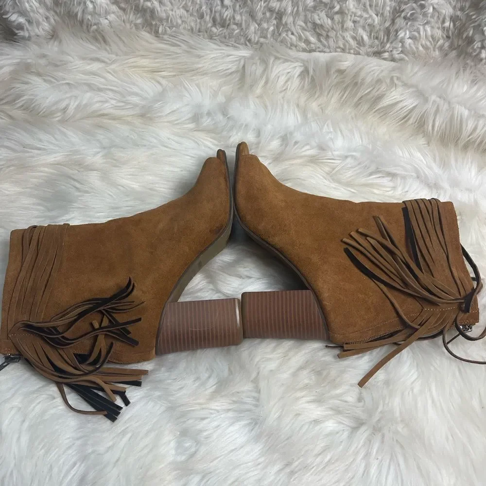Nine West leather suede Brown Fringe ankle Boots Peep toe back zipper SZ9.5M